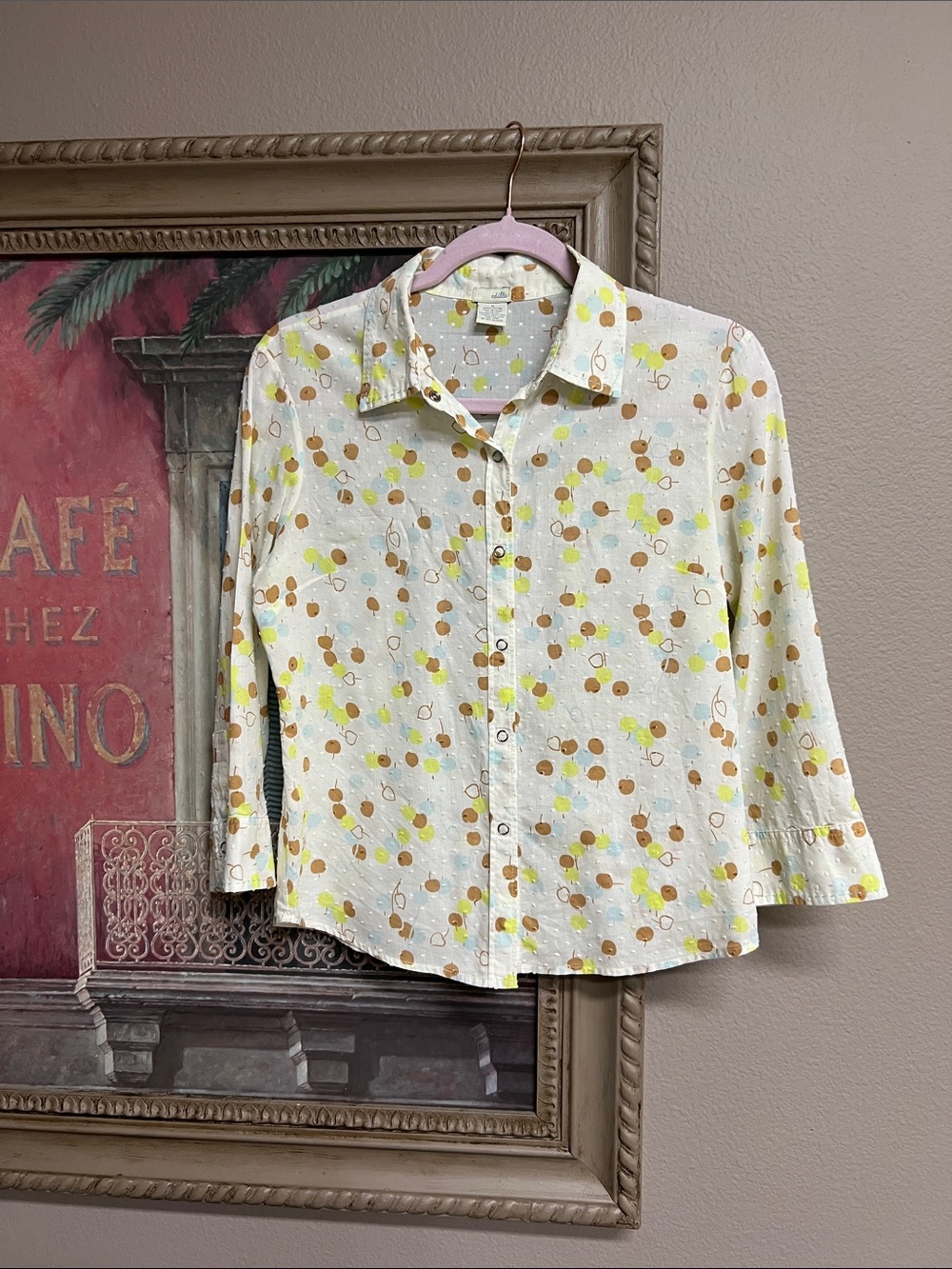 Odille Cream Snap Button Down Shirt with Swiss Textured Dots